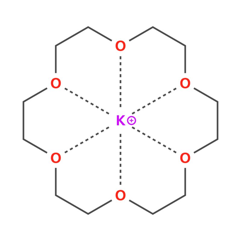 Structure of 18-crown-6-ether with the potassium ion in the middle. The potassium ion fits exactly in the «cage» of the ether. It is complexed via the electron pairs of the oxygen atoms.
